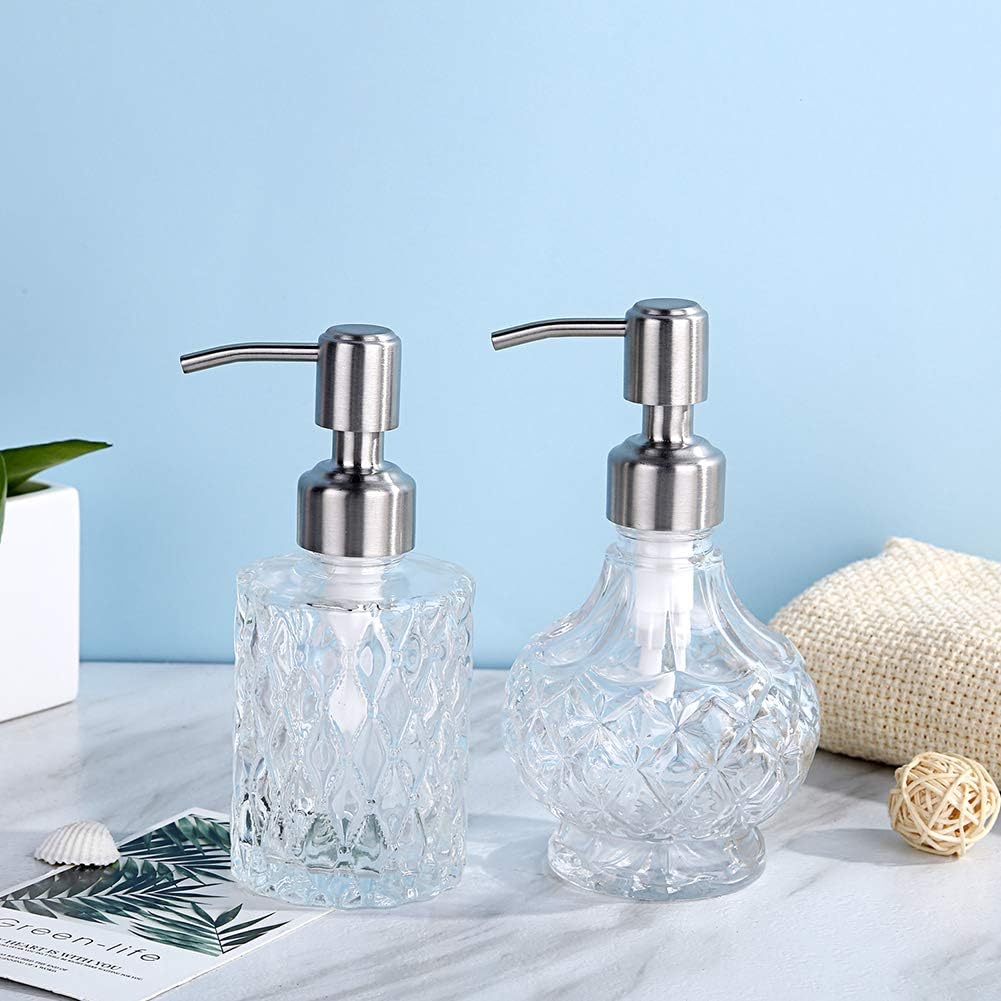 Soap Dispenser with Stainless Steel Pump, Clear Crystal Design, Vintage and Elegant, Refillable Liquid Hand Soap Dish Soap Dispensers for Bathroom Counter, Kitchen Sink (Style 1)