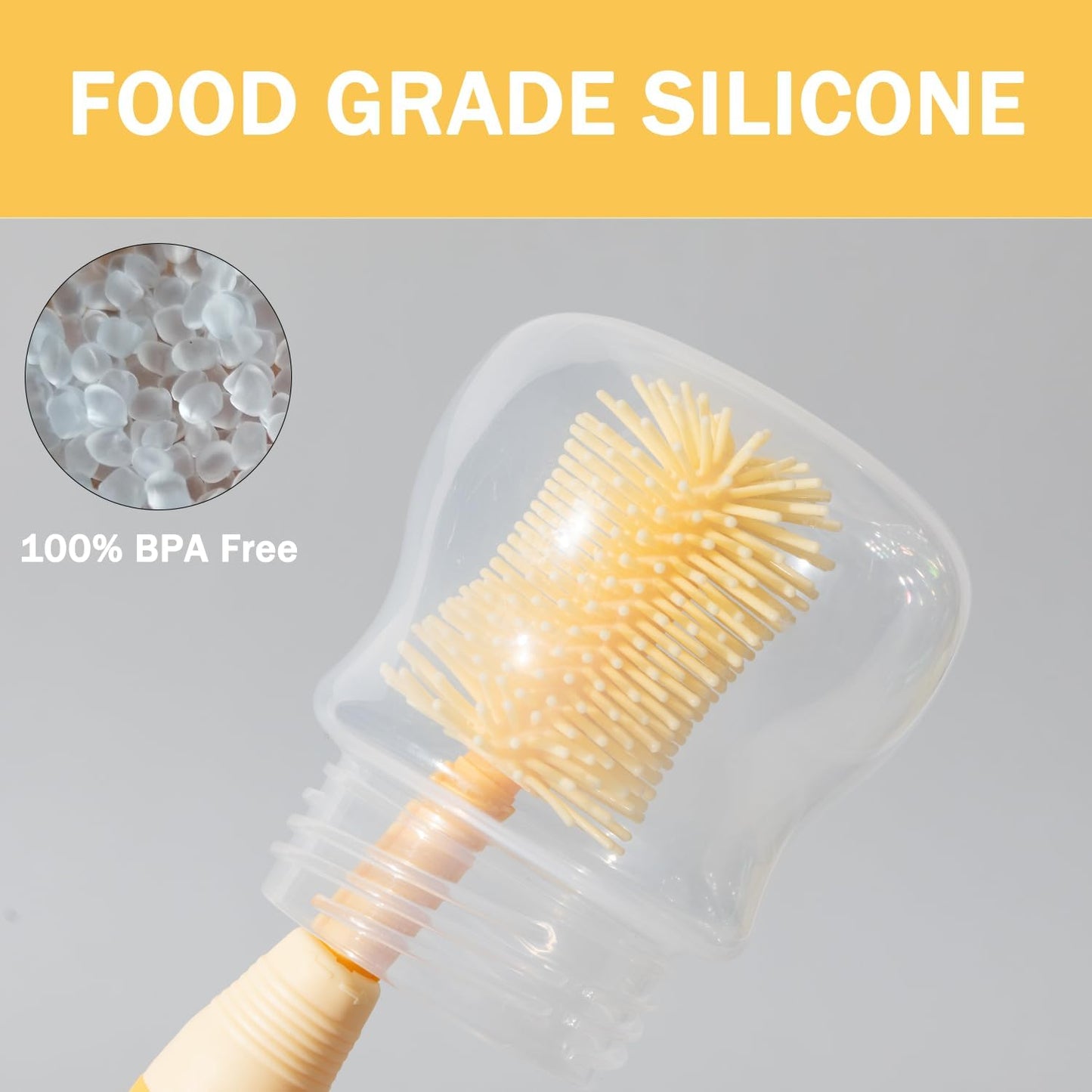 Travel Bottle Brush, 6-in-1 Portable Travel Bottle Cleaner Kit with Small Bottle Brush Built in Drying Rack, Nipple Brush, Straw Brush, Soap Dispenser, for Baby Bottles Under 8 OZ, BPA-Free(Yellow)