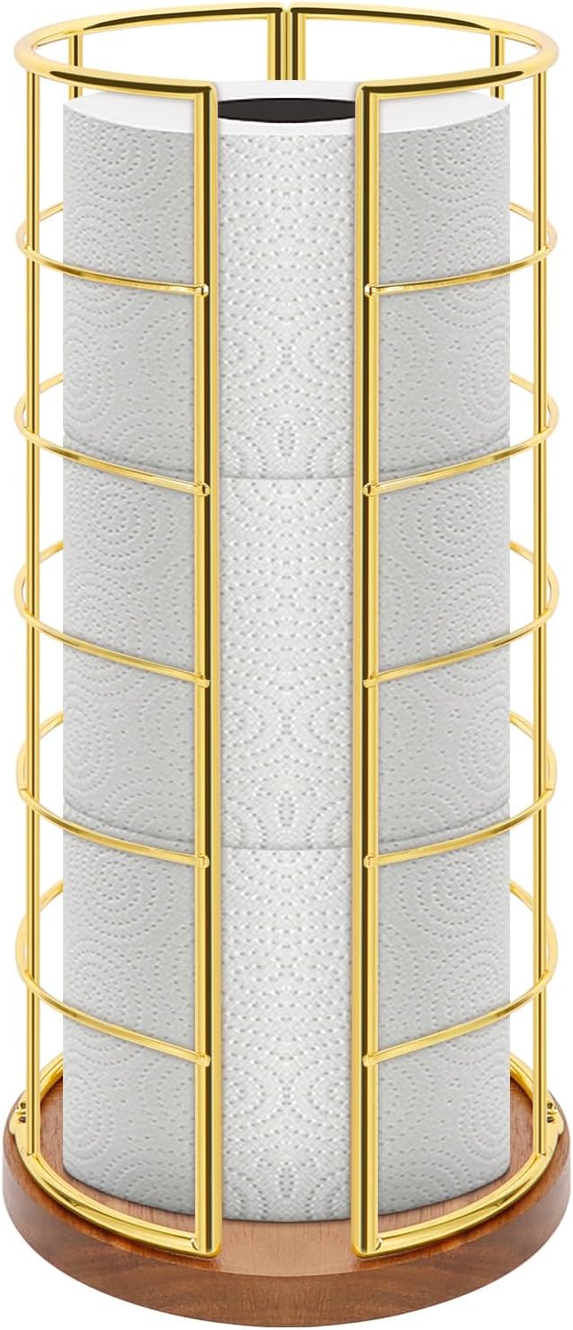 NearMoon Toilet Paper Organizer Stand, Freestanding 3 Rolls Tissue Storage, Metal Bathroom Accessory, Rustproof Toilet Roll Holder for Kitchen Countertop Inside Cabinet Shelf(Wooden Base, Gold)