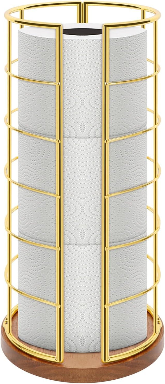 NearMoon Toilet Paper Organizer Stand, Freestanding 3 Rolls Tissue Storage, Metal Bathroom Accessory, Rustproof Toilet Roll Holder for Kitchen Countertop Inside Cabinet Shelf(Wooden Base, Gold)