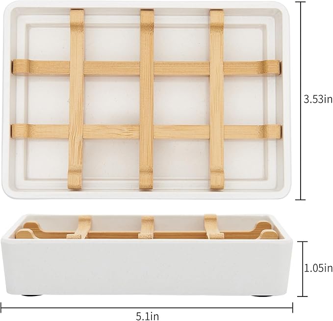 Bamboo Soap Dishes for Shower Wooden Soap Bar Holder for Bathroom Soap Tray Easy to Clean, Durable and with Non-Slip Pads(Two White Squares)