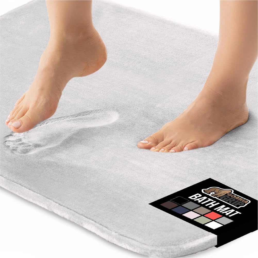 GORILLA GRIP Memory Foam Bath Rugs, Soft Absorbent Velvet Bathroom Mats, Durable Dots on Underside, Machine Washable Bathmat, Carpet Rug Room Decor for Shower Floor, 48x24 Mat, Light Gray