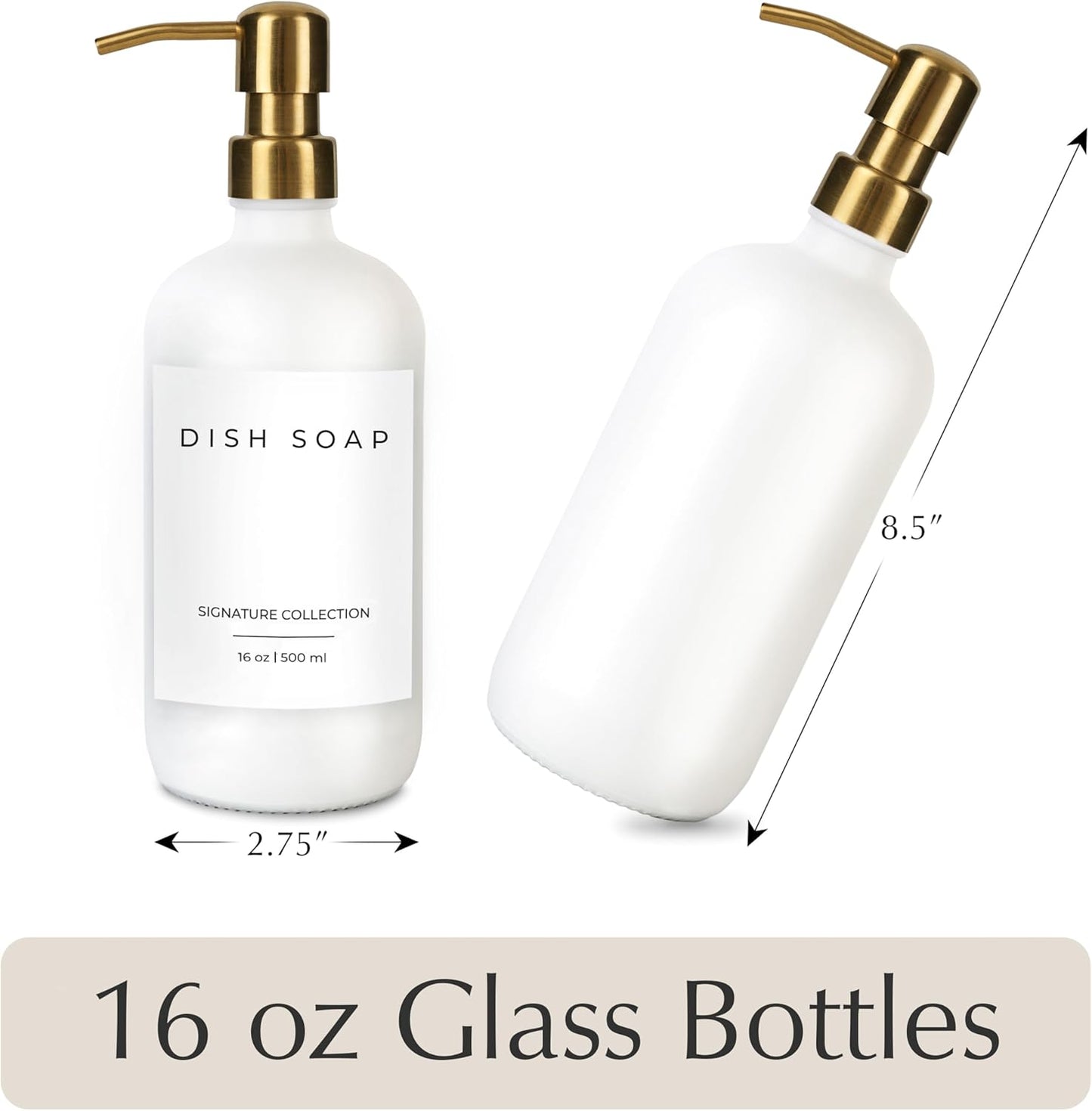 Emerson Essentials Soap Dispenser, Dish Bottle Dispenser for Kitchen, Farmhouse Hand Soap Dispenser, Kitchen Set, Glass Bottles with Pump and Labels | 16 Oz, 2-Pack