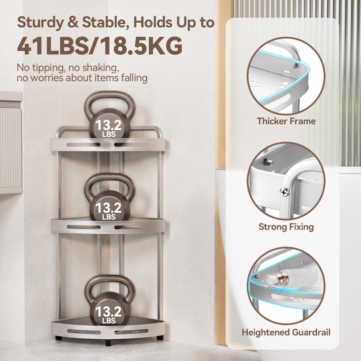 Corner Shower Caddy Standing, 3 Tier Shower Organizer Stand with Soap Holder, Rustproof Shower Shelves for Bathroom Storage, Silver
