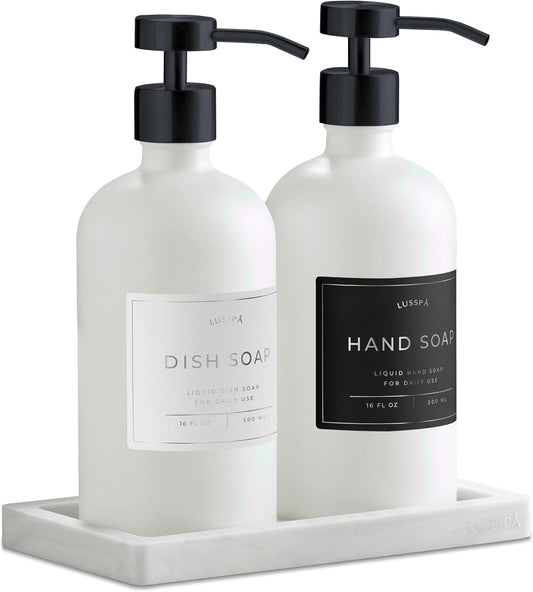 Lotion, Hand & Dish Soap Dispenser for Kitchen Sink - Bathroom Soap Dispenser Set of 2 16.8 Oz Glass Bottles with Stainless Steel Pump, 15 Water Proof Labels & Silicon Tray (White/Black)
