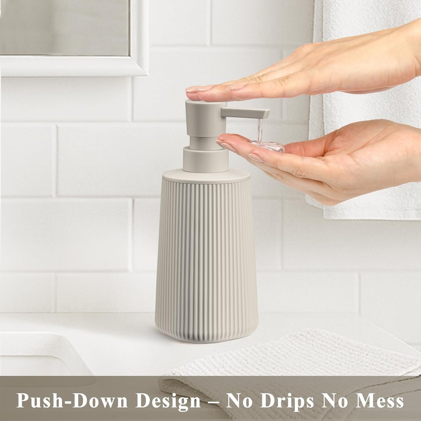 Beige 2 Pack Hand Soap Dispensers with No Rust Pump for Bathroom and Kitchen Countertops Refillable Striped Matte Plastic 8.5 oz