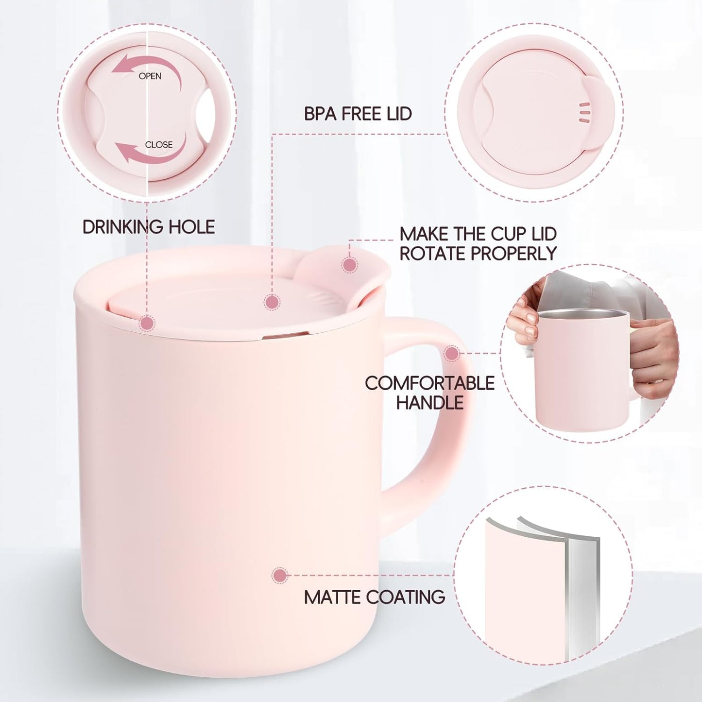 12oz Coffee Mug,Insulated Camping Mug with Lid,Double Wall Stainless Steel Travel Coffee Cup with Handle, Vacuum Reusable Coffee Tumbler Cup for Home, Office, Camping - Pink