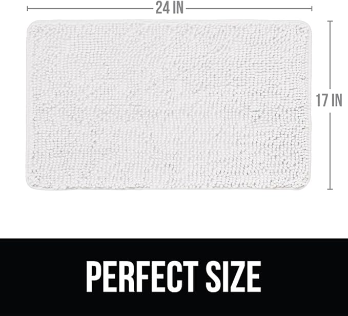 KANGAROO Bathroom Rugs, Chenille Soft Absorbent Bath Rug, Shaggy Shower Mat, Quick Dry Machine Wash Bathmat, Plush Carpet Mats for Tub, Bathtub and Room Home Decor Accessories, 24x17, White