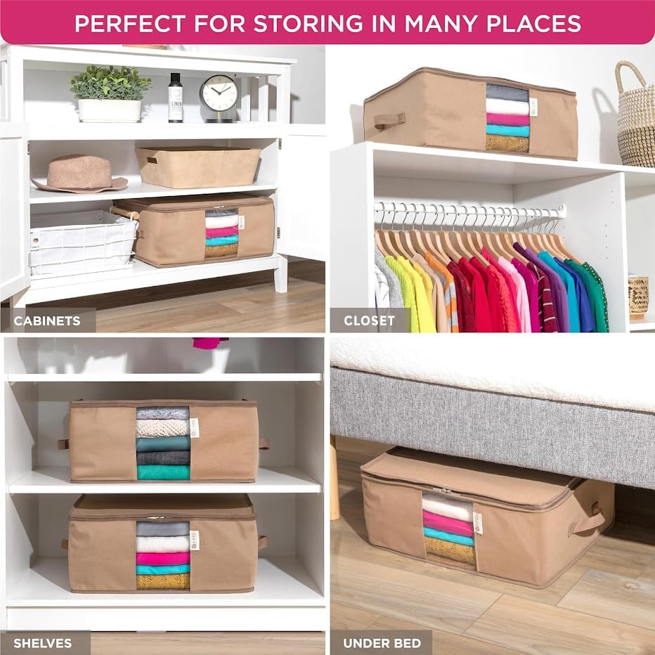 Cedar Clothes Storage Bag Organizer – Protects from Moths, Moisture, Dirt & Dust – Set of 2 Underbed Storage Bags for Clothes, Cashmere Sweaters, Bedding & More - Underbed Storage - Beige