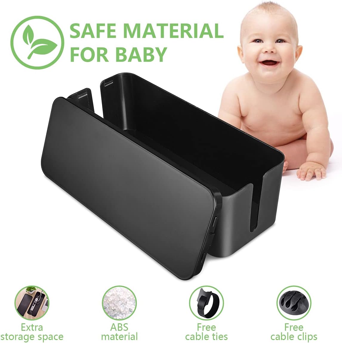 Cable Management Box, Large Cord Organizer Box to Hide Power Strip & Under Desk,TV Computer Wires Cable Organizer Hider Box with Cable Clips&Reusable Cable Ties for Home/Office(Black)