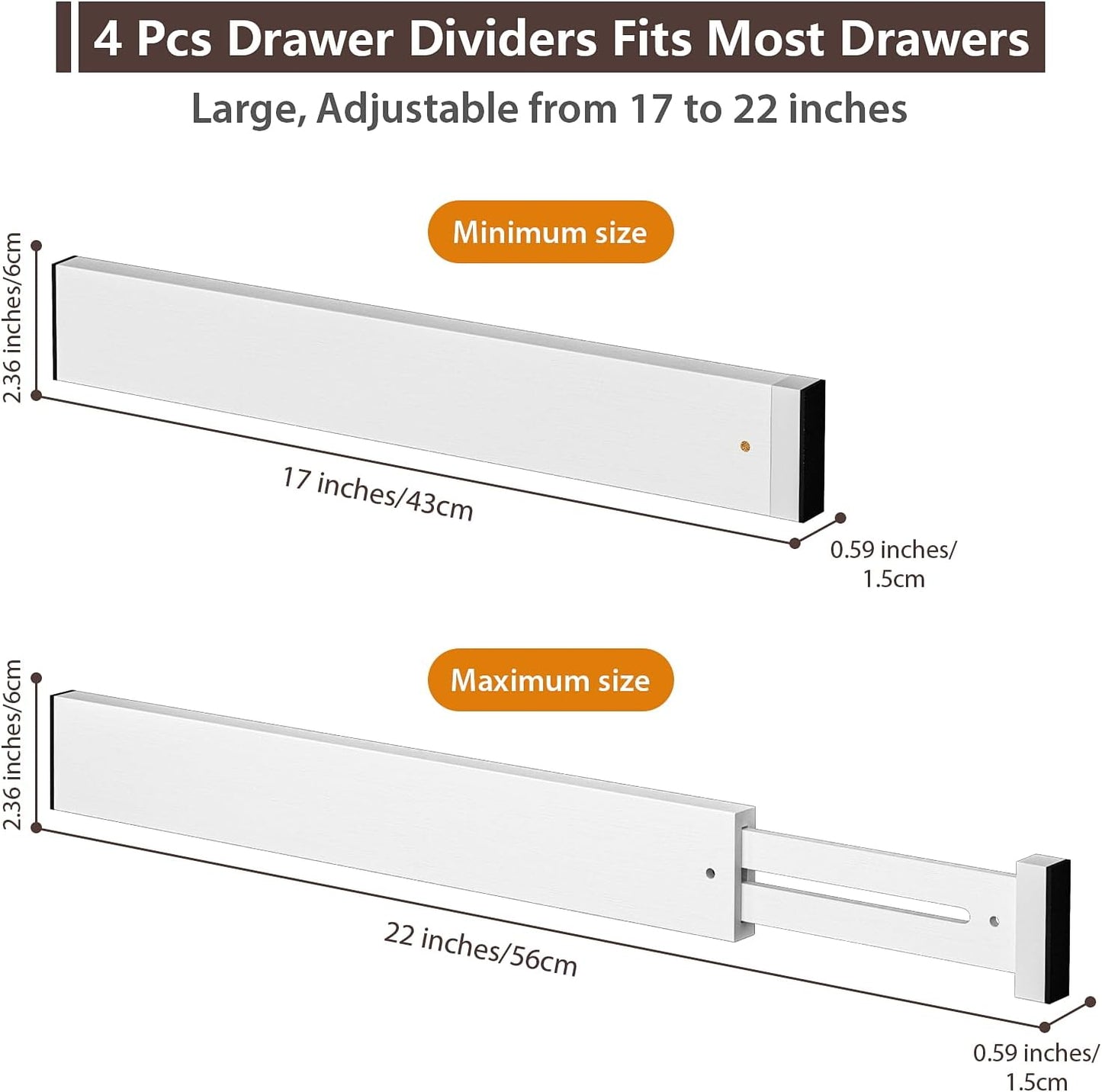 4 PCS Drawer Divider, 17"-22" Adjustable Bamboo Drawer Dividers Organizers, Expandable Separators for Kitchen, Clothes, Dressers, Home, Office, White