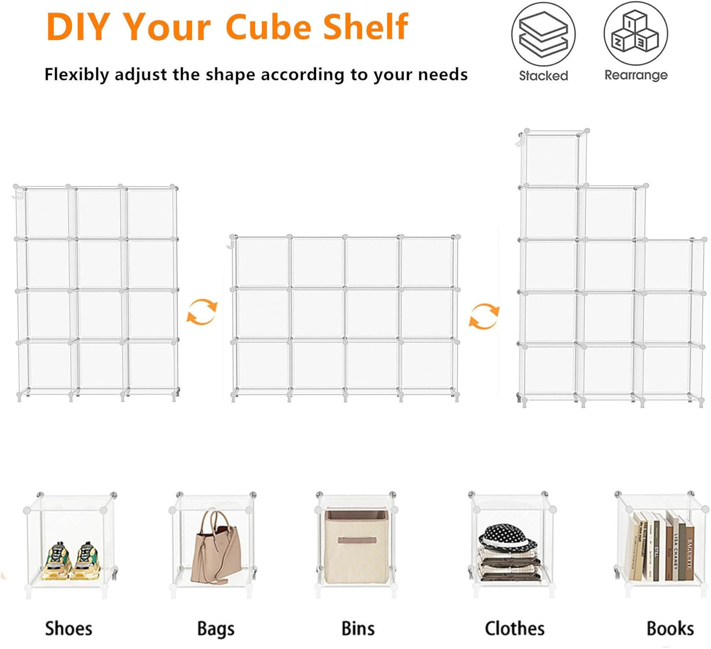AWTATOS Cube Storage Organizer, Closet Organizers and Storage, 12 Cube Shelves Bookshelf, DIY Stackable Plastic Clothes Organizer Shelving for Bedroom, Home, Transparent Twill