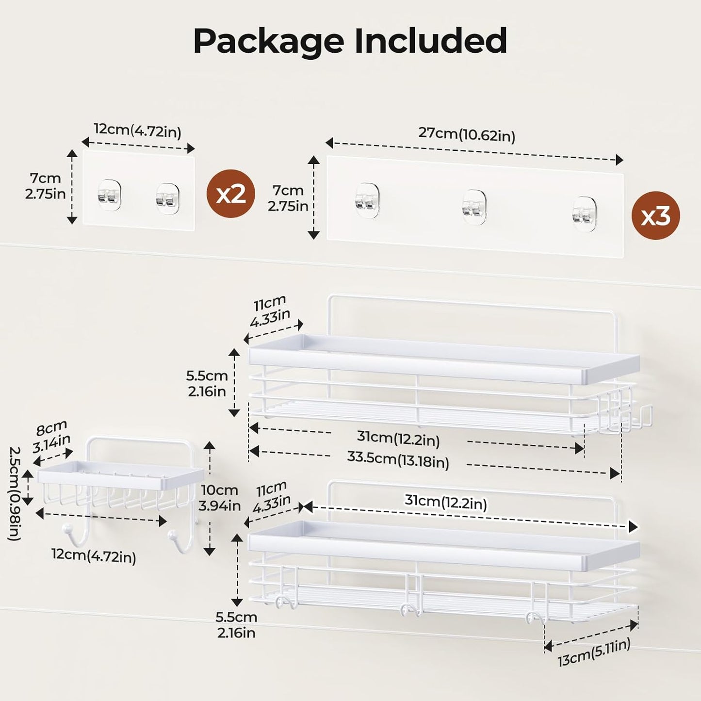 Orimade Adhesive Shower Caddy Soap Dish Holder Shelf with 5 Hooks Bathroom Organizer Basket Kitchen Storage Rack Wall Mounted No Drilling Stainless Steel - 3 Pack, White