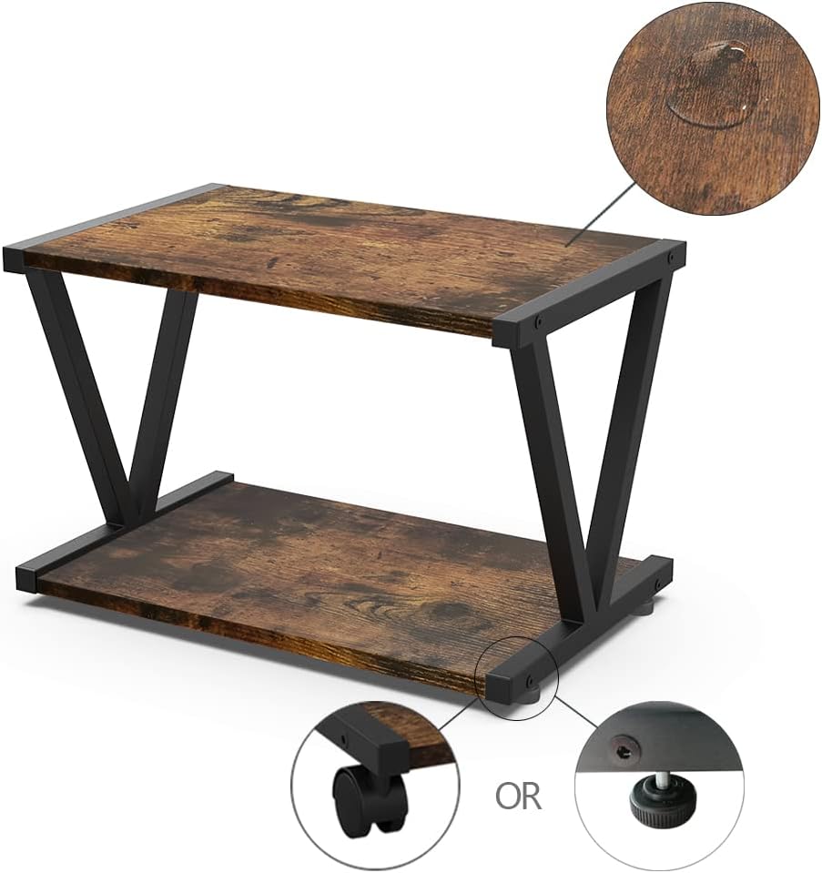 VEDECASA Retro Desktop Printer Stand 2 Tiers Under Desk Wood Printer Shelf Rustic Industrial Farmhouse Wood Storage Book Shelf Table Organizer for Home Office Stylish Sturdy V Shaped (Rustic Brown)
