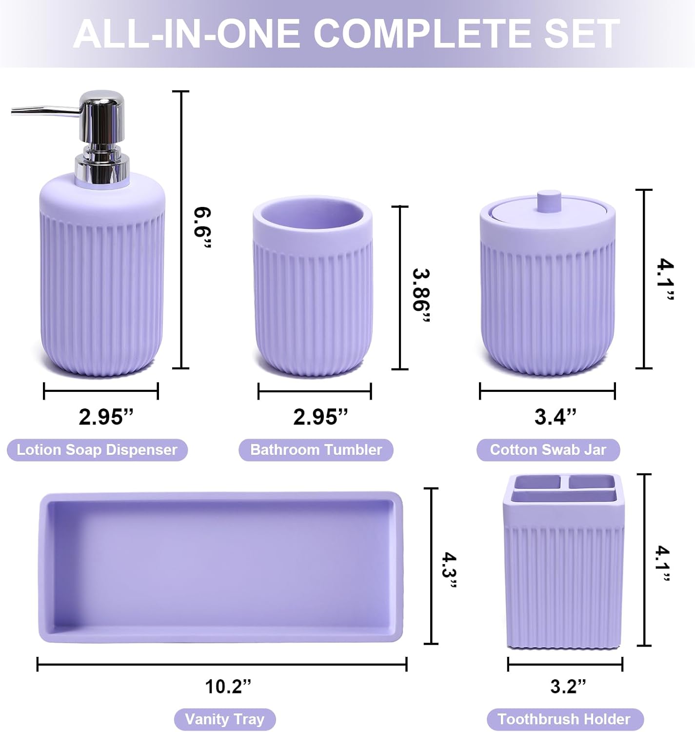 Resin Light Purple Bathroom Accessories Set 5 Pcs, Lotion Soap Dispenser, Toothbrush Holder, Bathroom Tumbler, Qtip Holder and Vanity Tray, Bathroom Countertop Organizer Set for Home Apartment