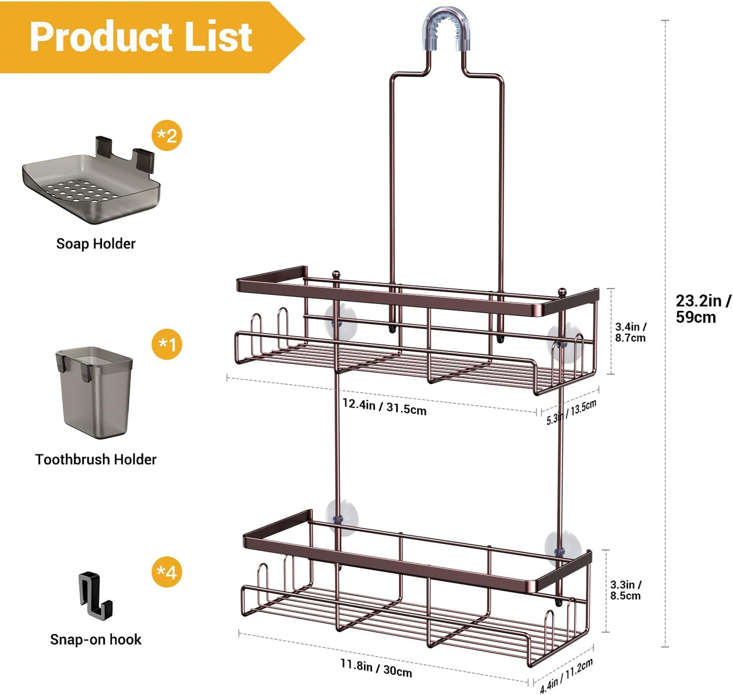 Shower Caddy Hanging Bathroom Organizer: Rustproof Shelf for Inside Shower - No Drilling, Over Showerhead - Bath Shelves for Shampoo, Soap - Bronze