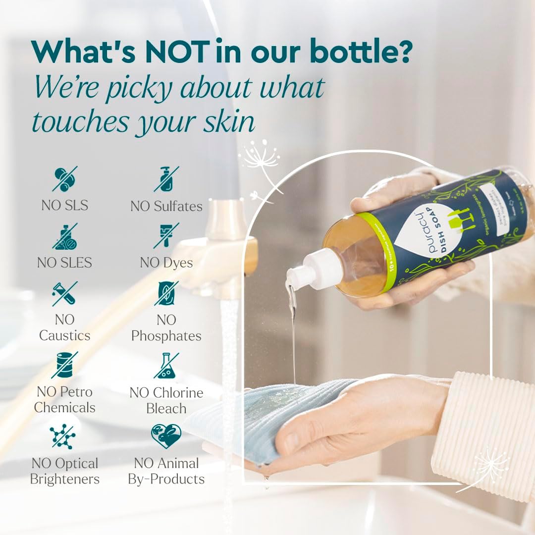 Puracy Natural Dish Soap Packs - Skin-Softening Plant-Based Dishwashing Soap, Non-Toxic Dish Soap, Organic Liquid Dishwashing Detergent Soap (Organic Lemongrass, 16 fl oz, 3 Pack)