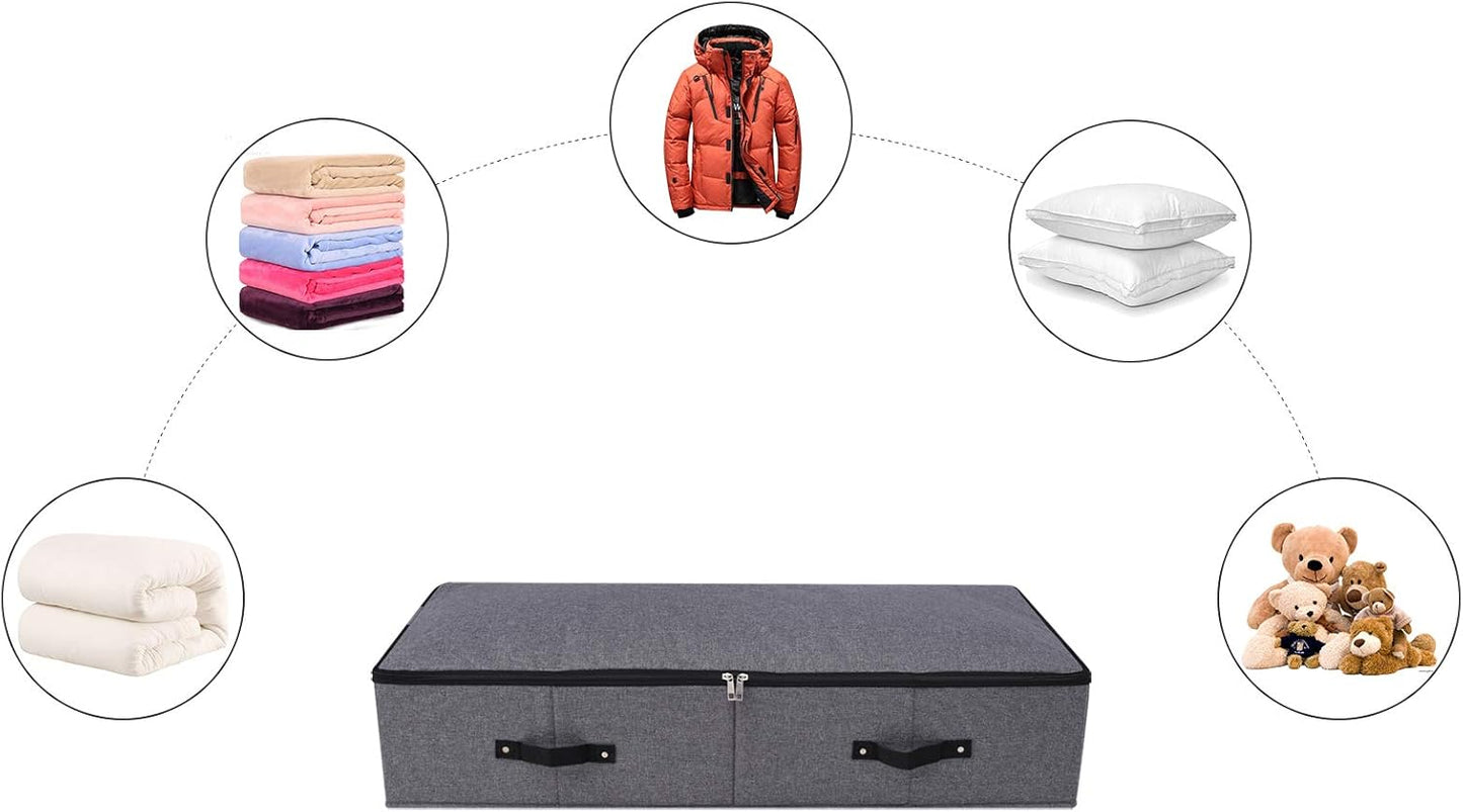 Foldable Fabric Sturdy Under Bed Storage Box with 6 Handles, Zipper Lid, Blankets Clothes Comforters Storage Bin Organizer for Bedroom and Closet, 35x 16.5 x 7inch, Black Grey