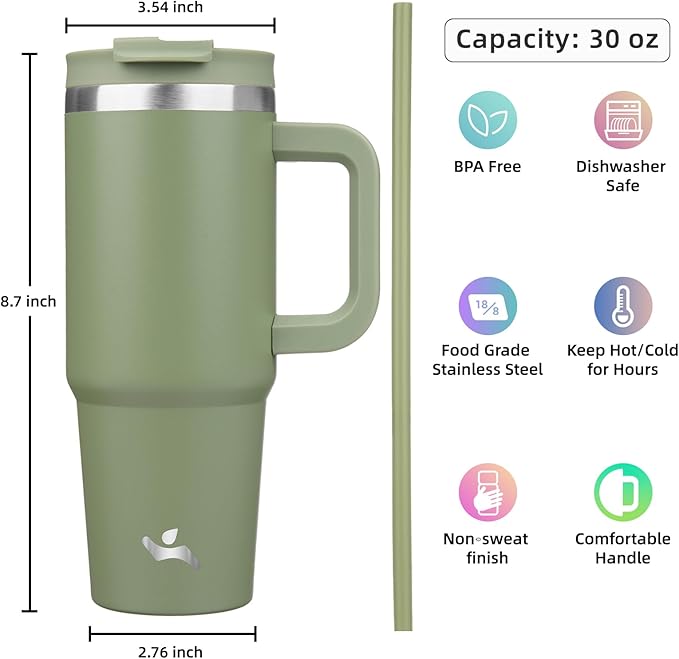 30 oz Tumbler with Handle and 2 Straws,2 in 1 Lid Insulated Water Bottle Stainless Steel Travel Coffee Mug,Army Green