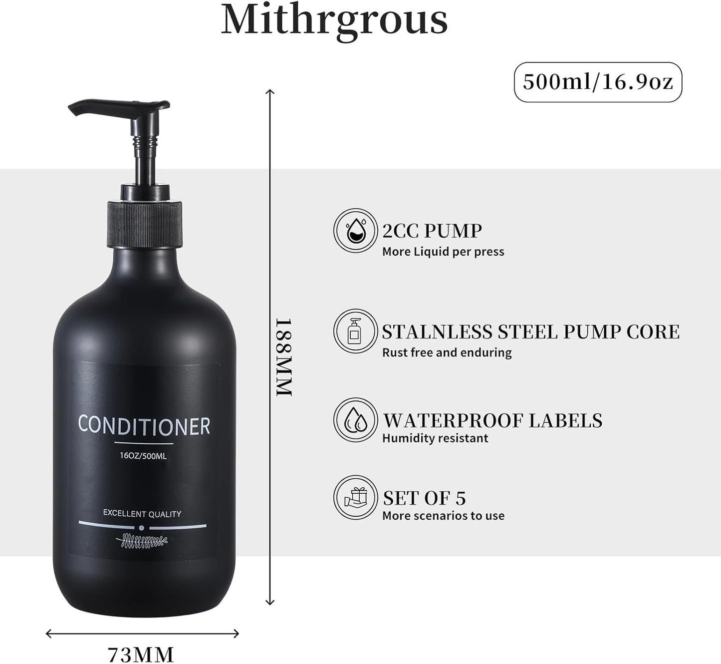 Reusable Shampoo and Conditioner Bottles (5Pack Matte Black) Plastic 16.9oz Dispenser for Conditioner,Shampoo Containers for Shower