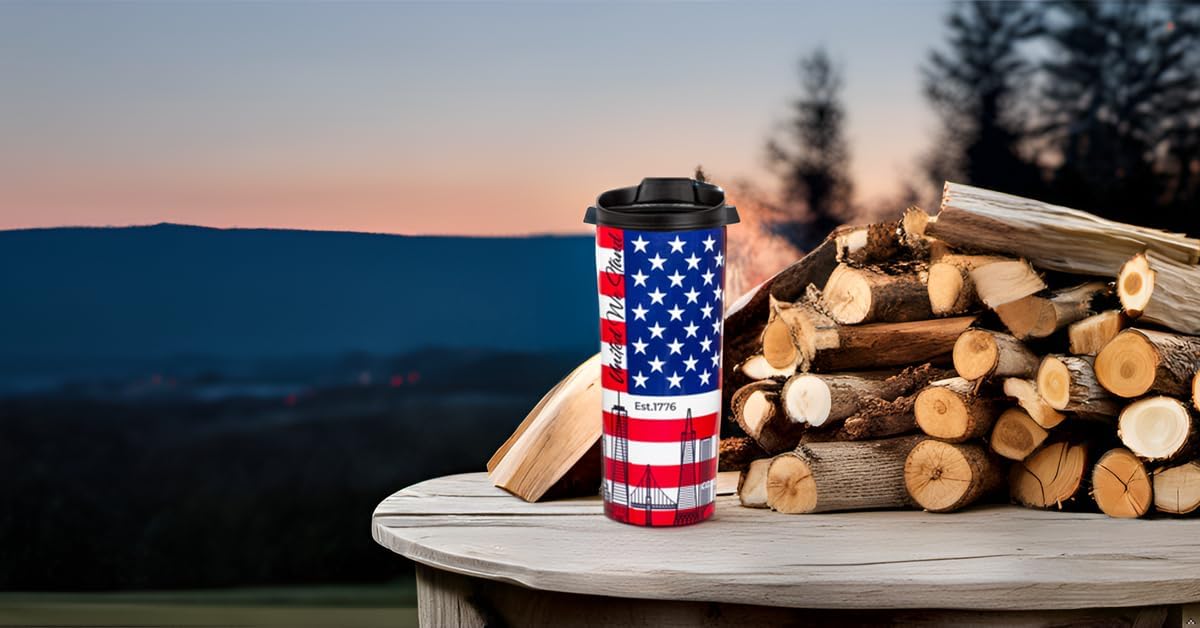 USA Vacuum Insulated Stainless Steel Thermal Travel Mug, 16 oz, Easy Clean, Flip leak Proof Lid United States of America Flag with USA Skylines…