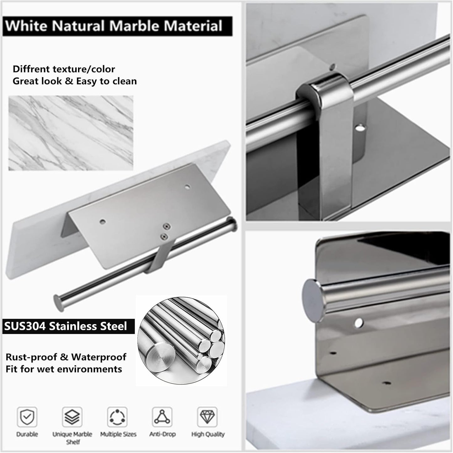 Toilet Paper Holder with Natural Marble Shelf for Bathroom Washroom,Wall Mounted Tissue Holder Suitable for Mega Roll (Brushed Nickel, Large 11.8 * 4.7)