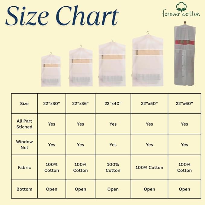 Garment Bags for Hanging Clothes – 100% Cotton, Breathable Suit & Dress Covers – Pack of 3 Large (22"x50") for Jackets, Sarees, Blouses, Coats, Travel & Closet Storage