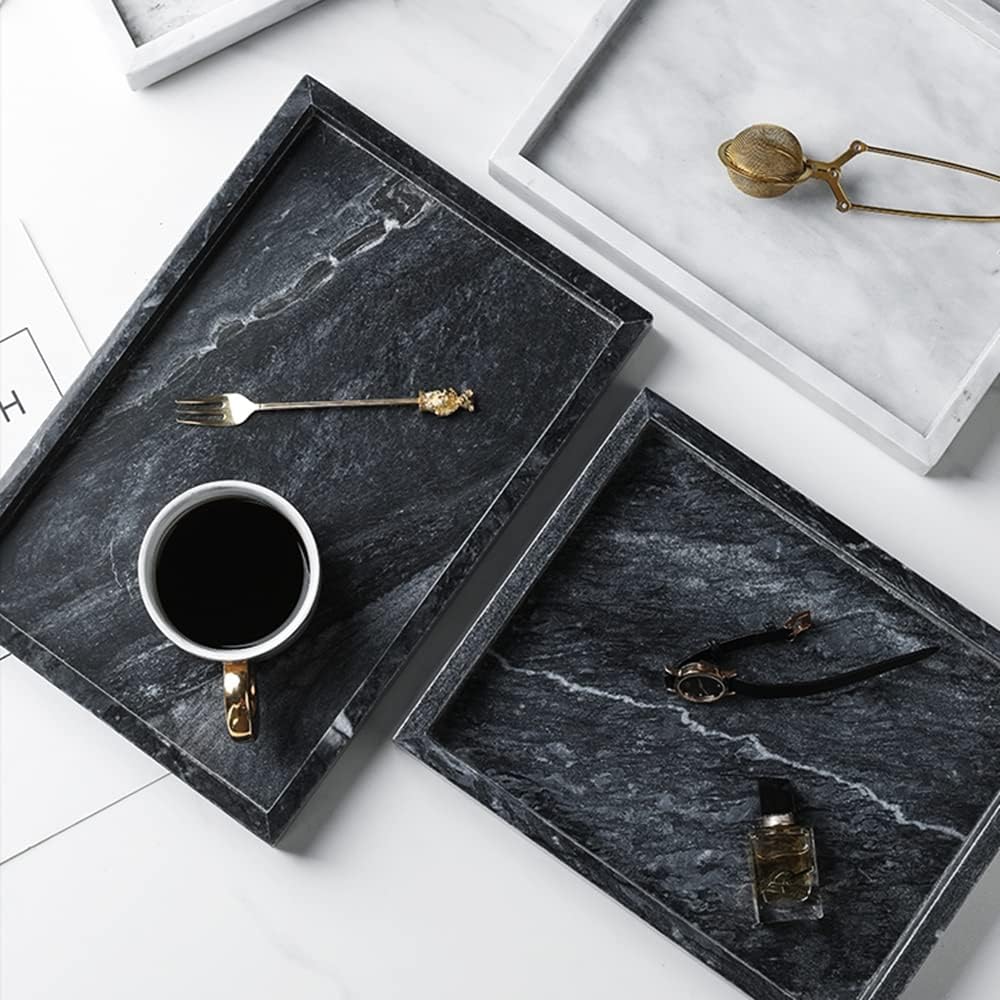 Black Marble Tray, Stone Bathroom Tray, Decorative Holder for Tissrue, Candle, Soap, Towel, Plant (Black - 12 x 8)
