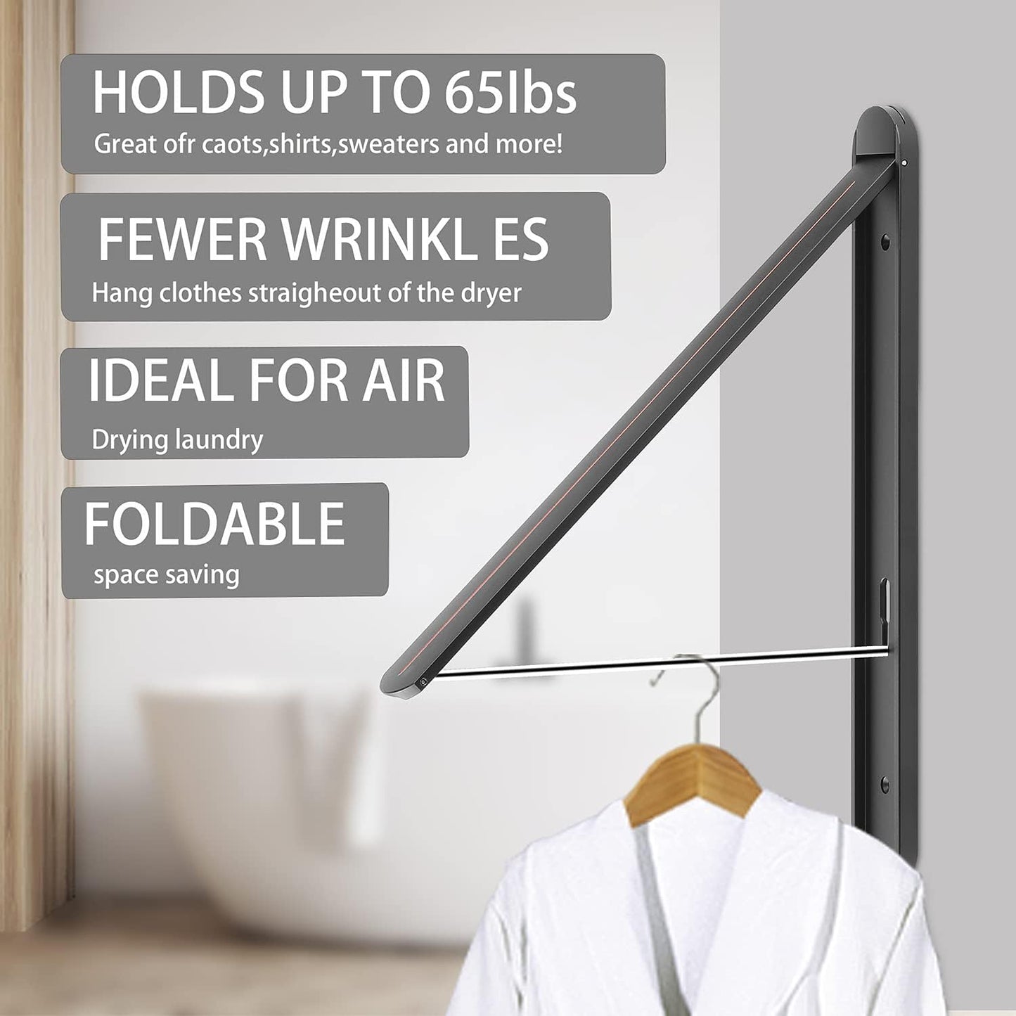 Wall Mounted Clothes Drying Rack-Foldable Indoor Laundry Rack,Space Saving Collapsible Clothes for Bathroom, Dorm, Apartment, RV, Laundry Room Organization.(Black-Aluminum)