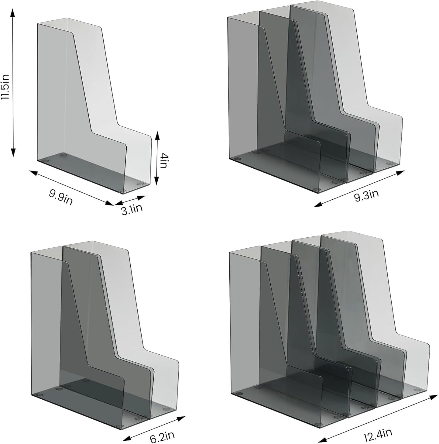 Vertical File Holder, PET Desk Organizer and Storage Bins Holding for Magazines, Binders, Notebooks, Envelopes, Papers, Multi-purpose Plastic Document Organizer for Home Office, Black, 4 Pack
