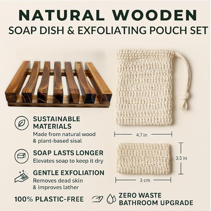 Natural Wooden Soap Dish & Sisal Exfoliating Pouch Set – Eco Soap Saver Holder & Soap Tray – Plastic-Free Bathroom, Shower & Kitchen Accessories – Sustainable Bath Gift
