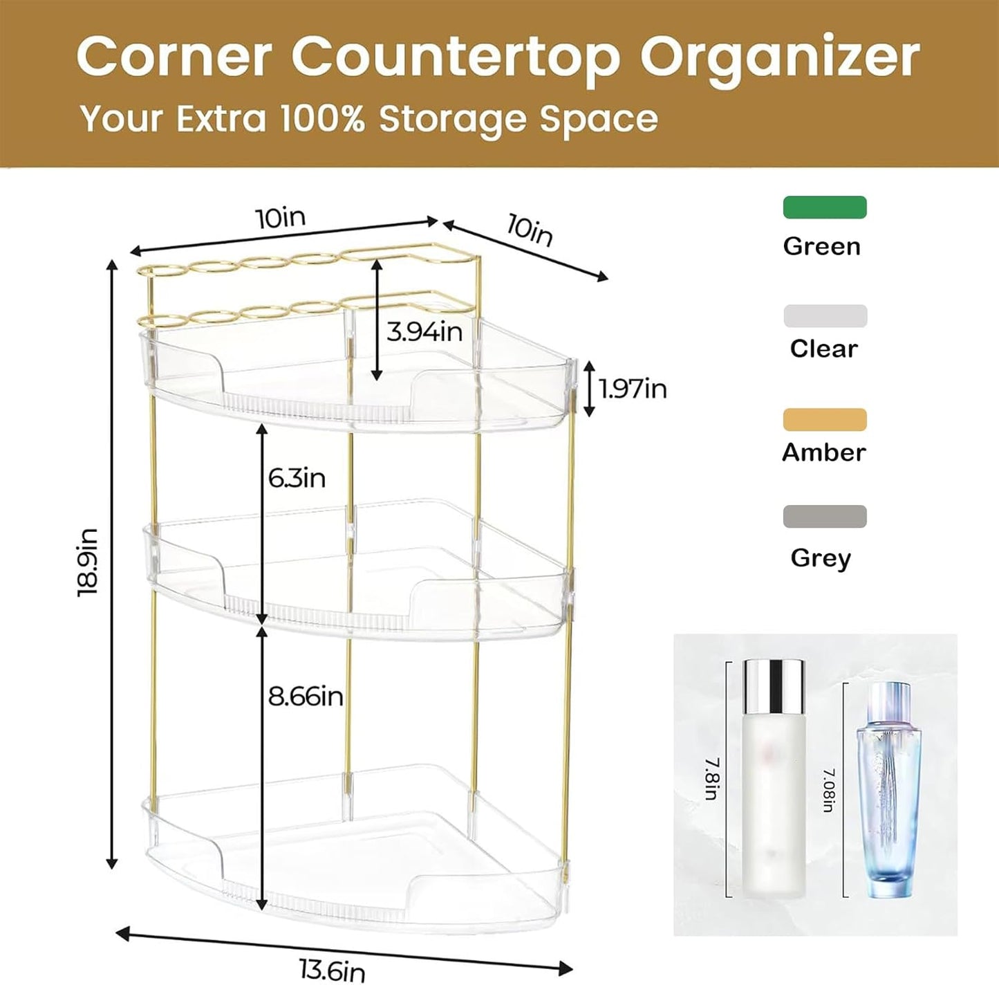 FELIZHOUSE 3-Tier Makeup Organizer for Vanity & Bathroom Countertop – Acrylic Storage Shelf with Perfume Tray & Makeup Brush Holder, Tool-Free Installation, Design for Bathroom & Dresser - Clear