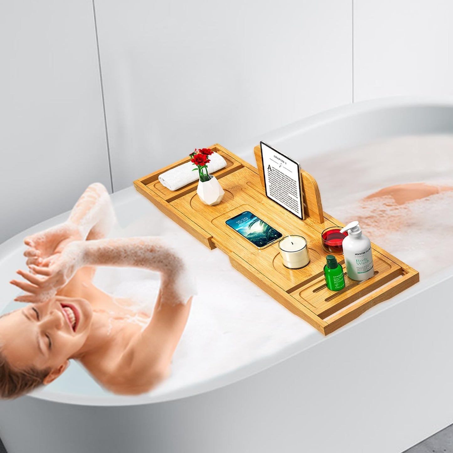 Bathtub Tray Caddy - Bath Tray - Bath Tub Tray Caddy - Bamboo Bath Table Tray for Tub - Expandable Size, Fits Most Tubs