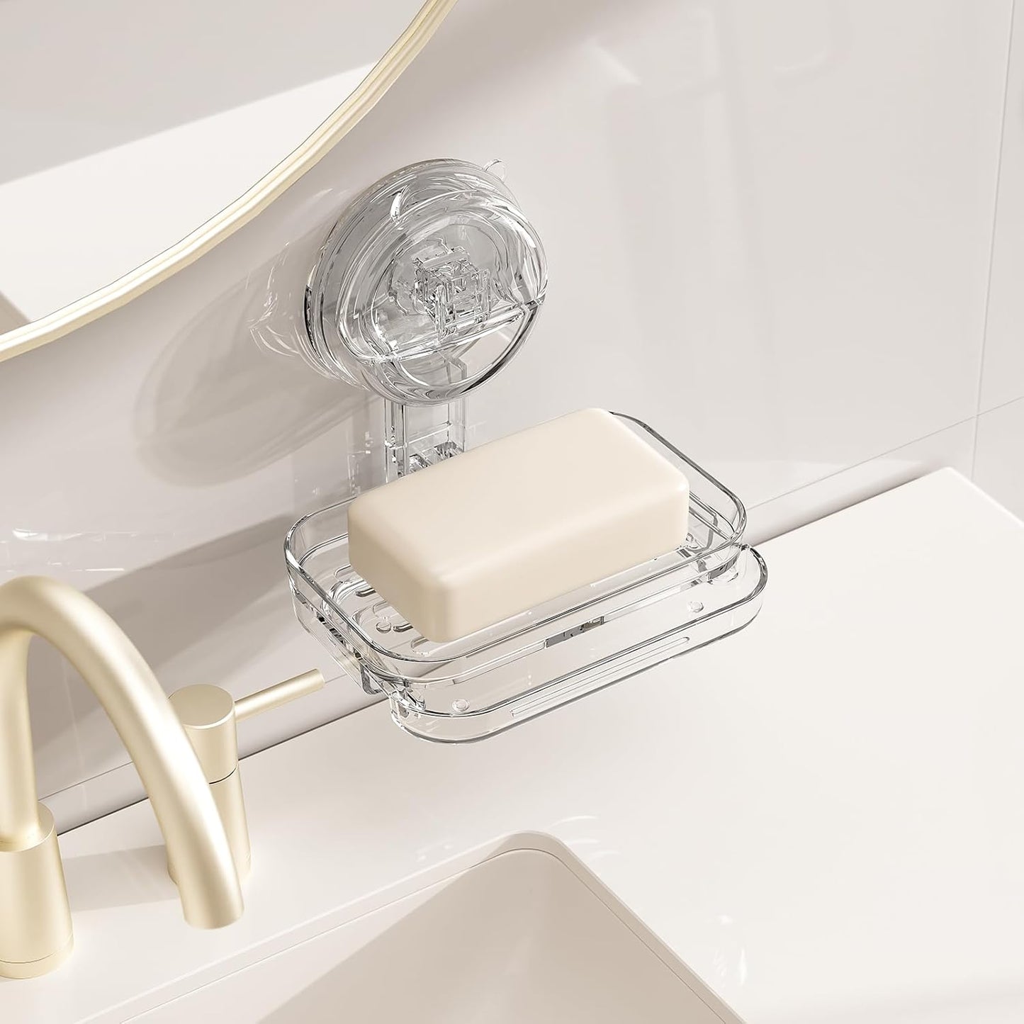 Soap Dish for Shower Clear Acrylic Soap Holder with Self-Draining Design No Drilling Required Strong Fixation for RV Bathroom and Kitchen Easy to Clean and Space Saving (Suction Cup)