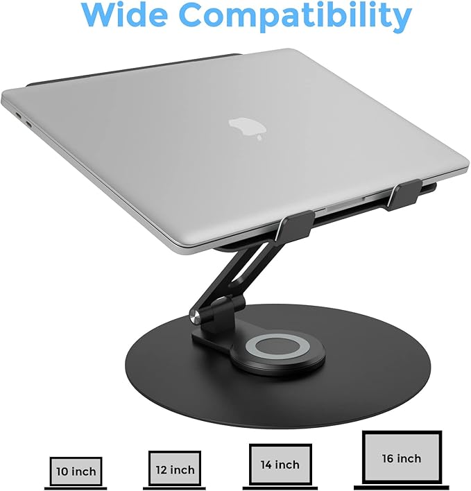 Swivel Laptop Stand for Desk, Adjustable Height Aluminum Computer Stand with 360 Rotating Base, Foldable Ergonomic Riser, Portable Laptop Holder Compatible with MacBook, All Laptops 10-17'', Black