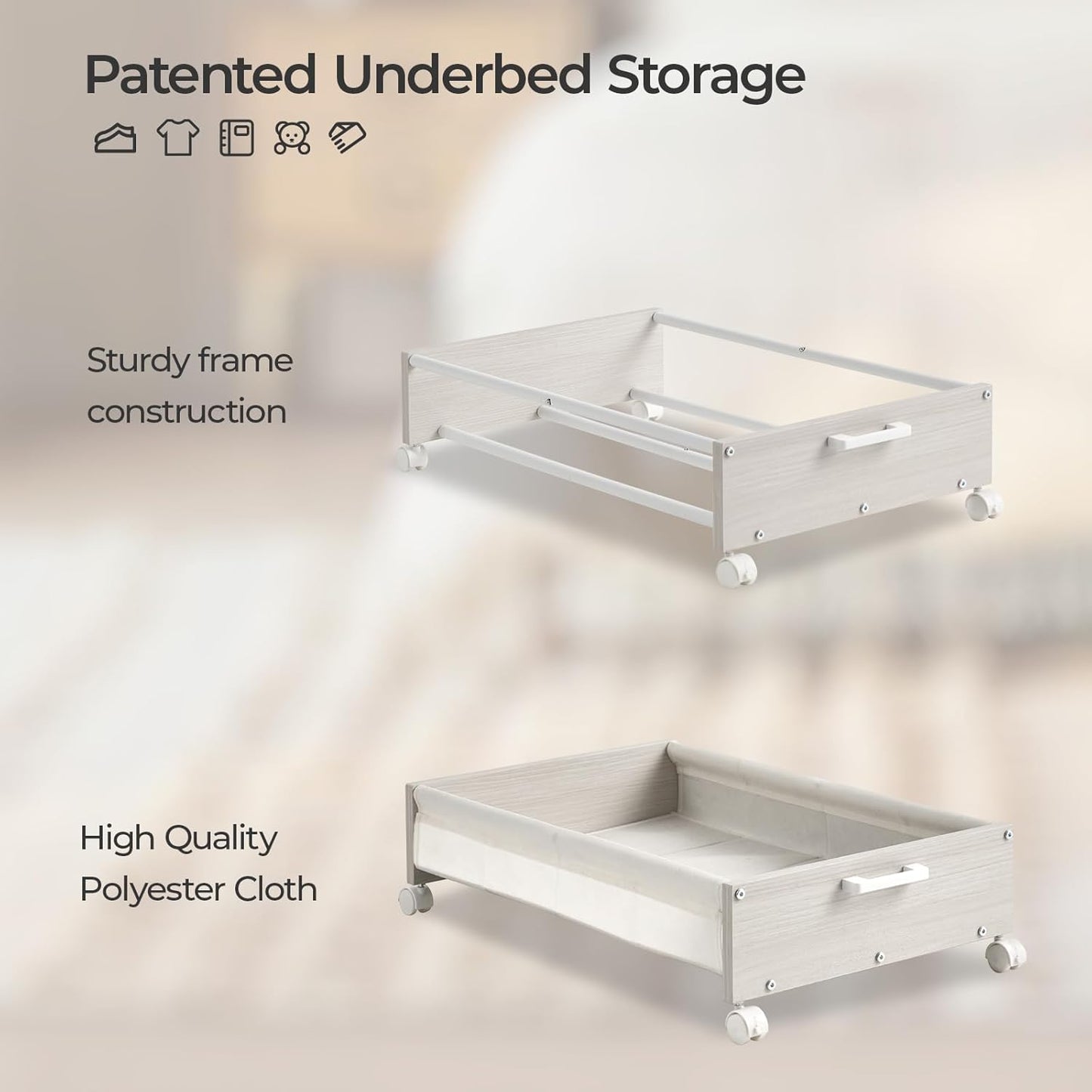 Under Bed Storage with Wheels, Wooden Under Bed Drawers On Wheels, Rolling Under Bed Shoe Storage, Space Saving,White,50L