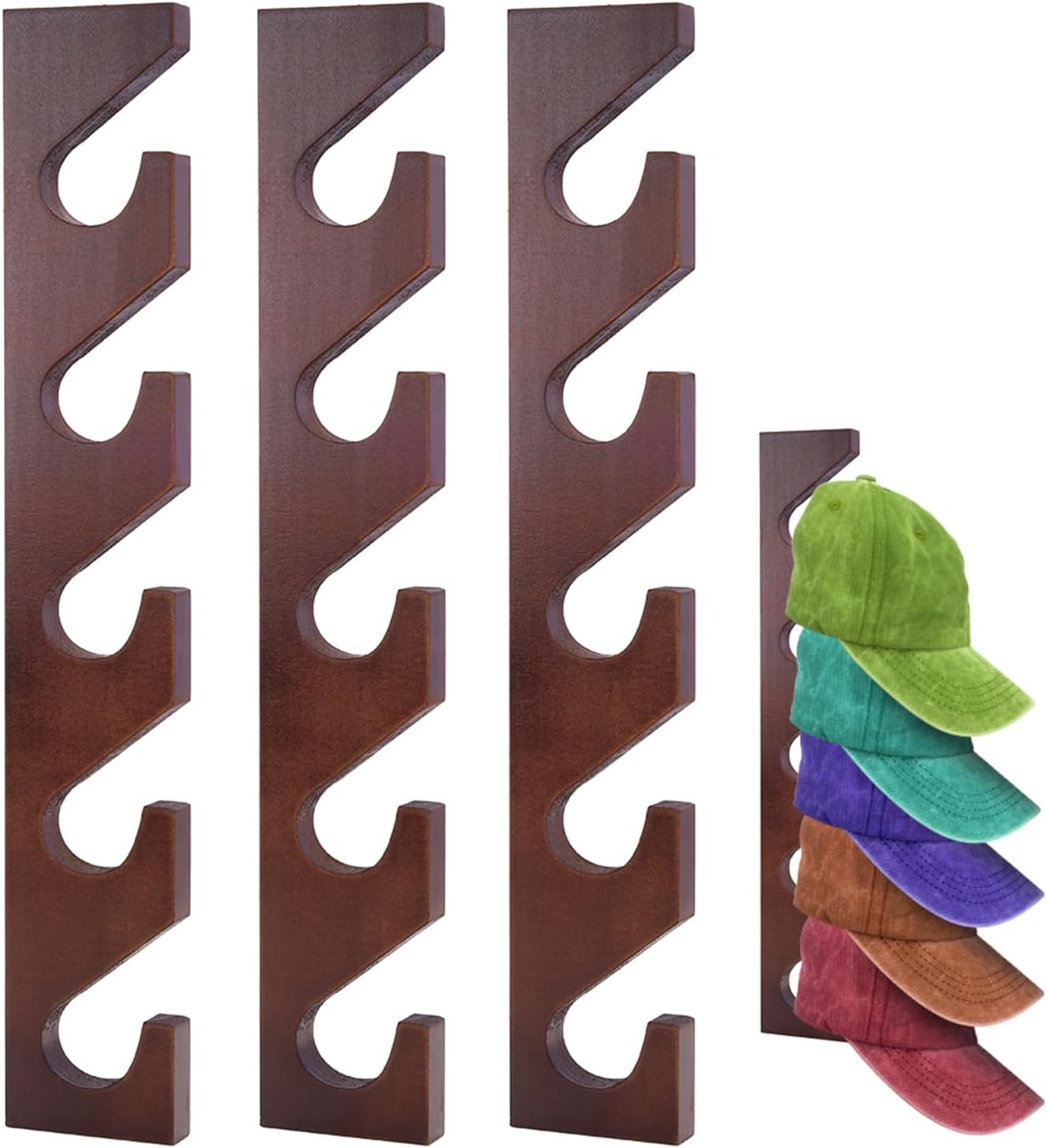 3 Pcs Wall Mounted Wooden Hat Rack for Baseball Caps, Solid Wood Storage Display, Vertical Storage Hat Holder, for Closet Door Bedroom Living Room Entryroom Laundry, Walnut