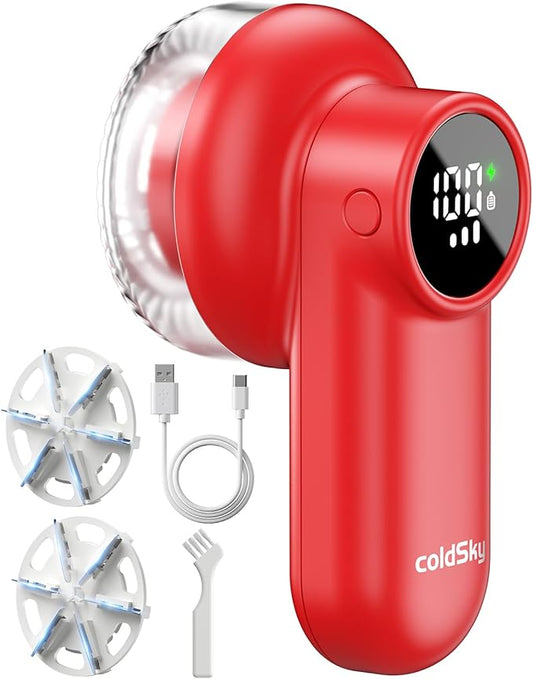 coldSky Rechargeable Fabric Shaver, Lint Shaver with Digital Display, Sweater Shaver with 6-Leaf Blades and Safety Lock, 3-Speeds Defuzzer Remove Fuzz, Pills from Clothes, Furniture, Sofa, Blanket Red
