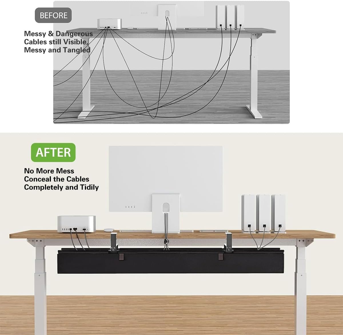 Under Desk Cable Management Tray 36" - No Drill Computer Wire Organizer Cable Tray, Fabric Cord Hider Clamp Mount, Premium Fabric Cable Management Tray for Office, Home (Black/1set)
