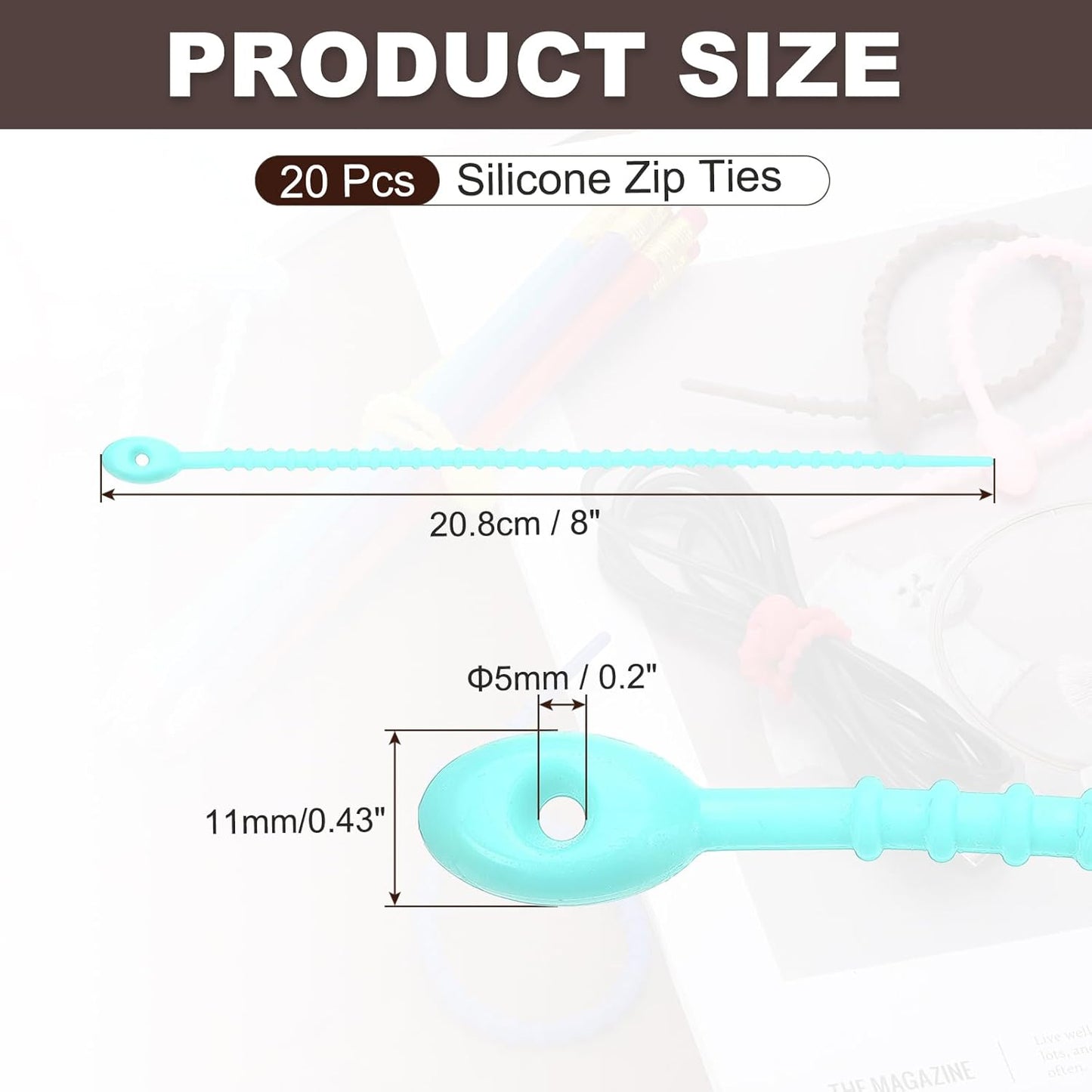 PATIKIL 8 Inch Silicone Cable Ties, 20pcs Rubber Reusable Twist Zip Ties Organizer for Home Office Kitchen Food bags Wires Adjustable Bag Clip, Water Blue