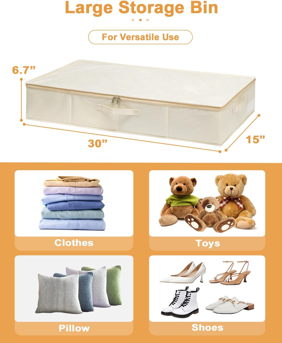 punemi Underbed Storage, 2 Pack Clothing Storage Bags W/Upgraded Handles, Large Capacity Underbed Shoe Container Organizer, Dorm Essentials Bins for Blanket, Pillows, Comforters & Quilts, Beige