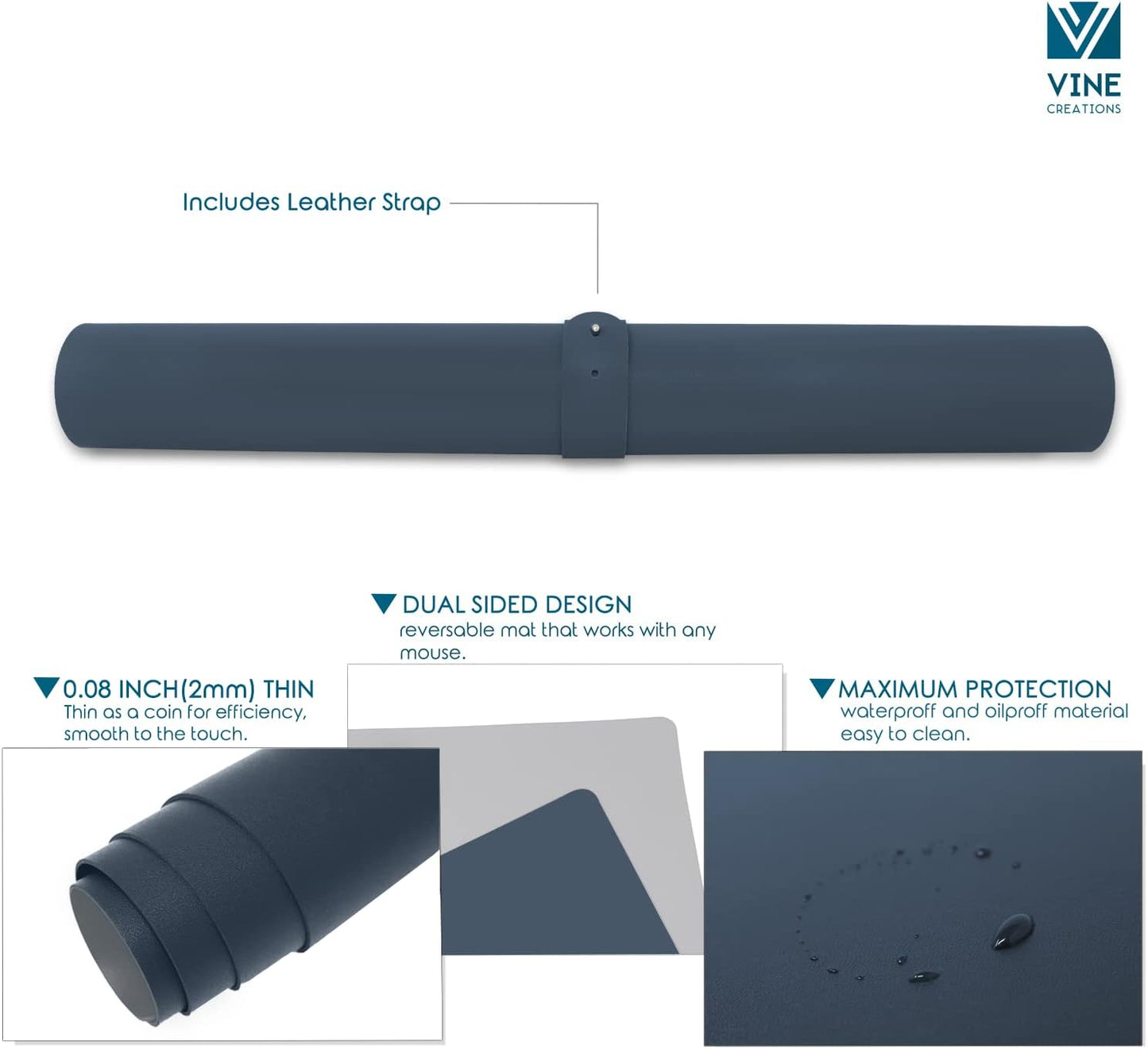 Vine Creations Leather Desk Mat 24" x 17", Desk Protector, PU Leather Desk Pad, Small Desk Pad Mat, Desk Blotter, Desk Pads on Top of Desks, Small Desk Mat, for Home or Office (Dark Blue)