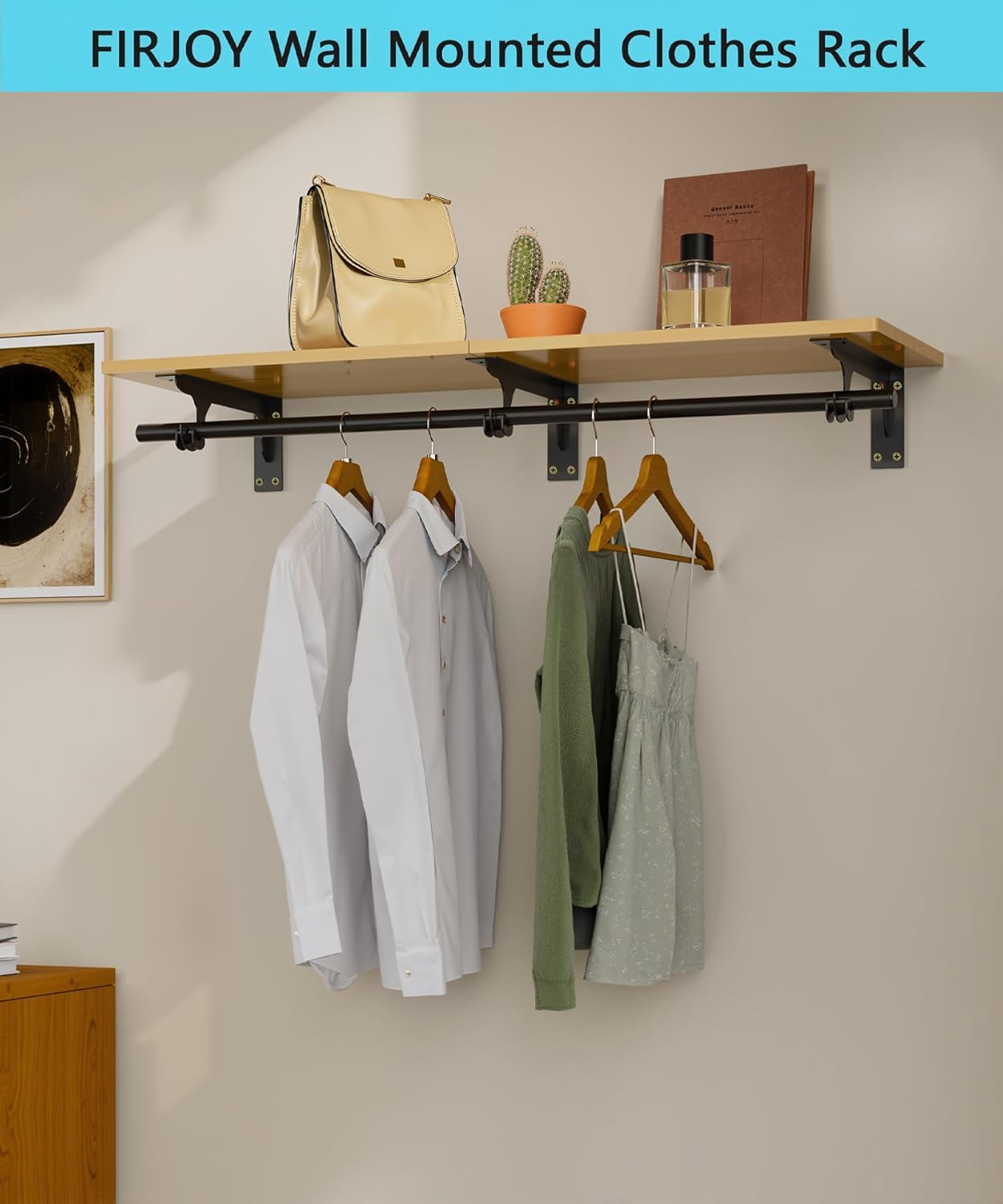 FIRJOY Wall Mounted Clothes Rack, with Top Shelf and Hanging Rod, Heavy Duty (11.8" x 31.5", Black)
