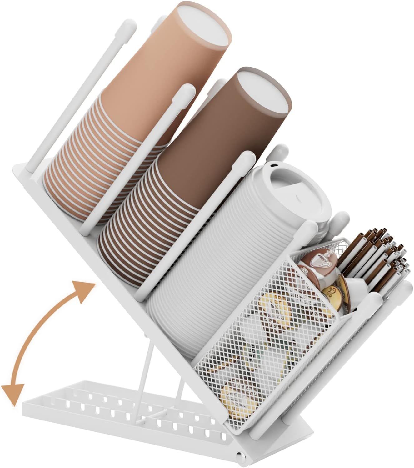 OVICAR Cup and Lid Holder - Adjustable Coffee Cup Holder Organizer 4 Compartment Disposable Cup Dispenser with Coffee Pod Straw Storage Basket for Coffee Station Bar Countertop Breakroom Metal White