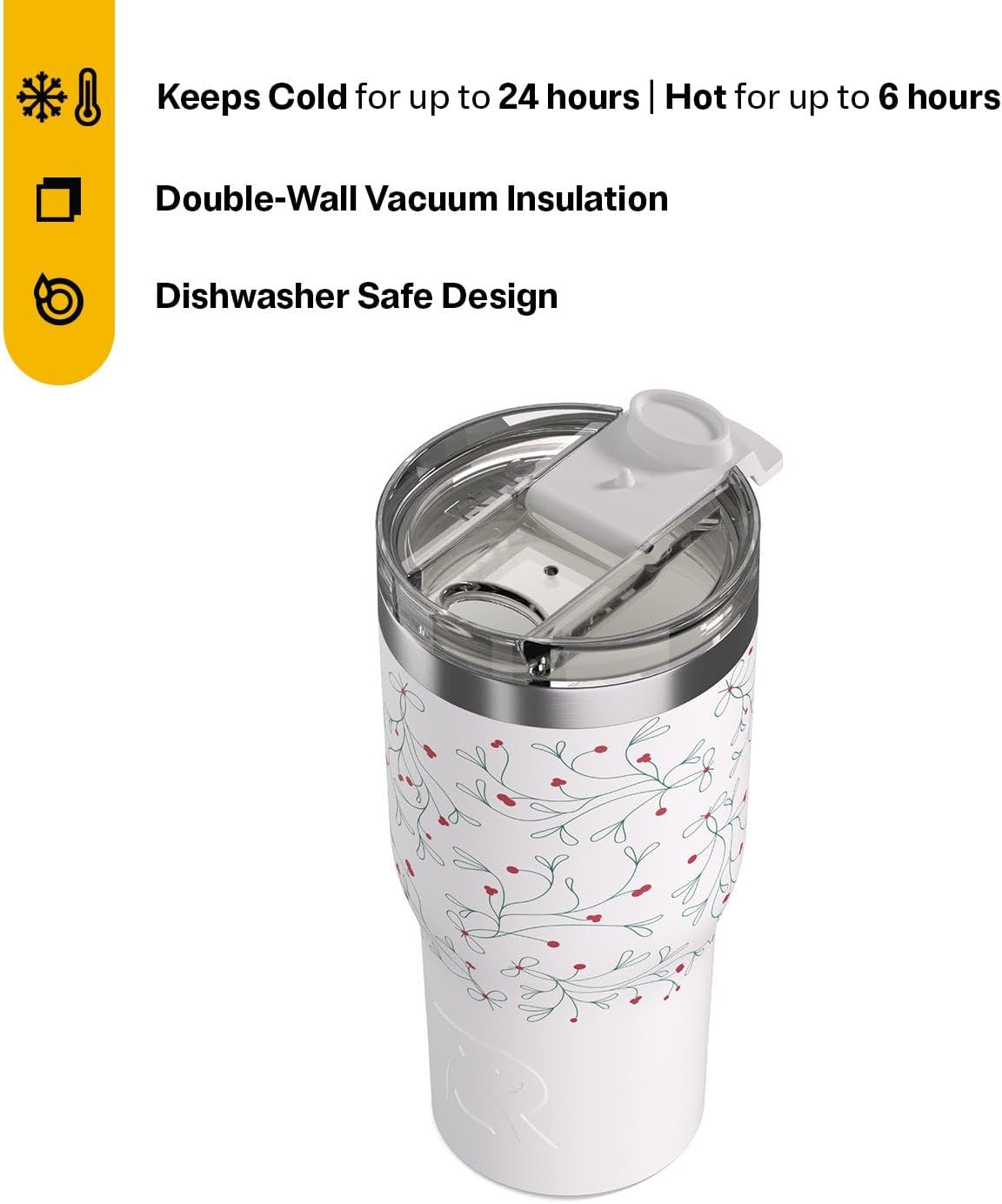 RTIC 20oz Essential Tumbler with Lid, Ceramic Lined, Insulated, Stainless Steel, Metal, Double Wall Vacuum-Insulation, Travel Cup for Iced Coffee, Tea, Hot and Cold Drink, Mistletoe