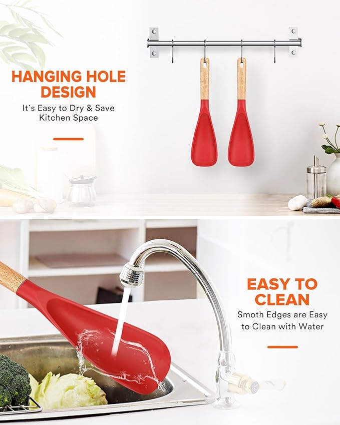 Cooking Spoon for Nonstick Cookwares, Great for Cooking and Serving Sturdy BPA-Free Matte Silicone, Wood Handle Spoon for Mixing, Scoop, and Scrape (2 Pack of Red, 11.4 inch)