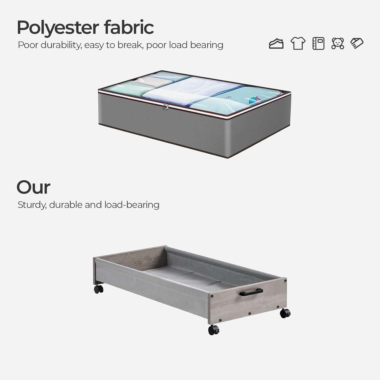 Under Bed Storage with Wheels, Wooden Under Bed Drawers On Wheels, Rolling Under Bed Shoe Storage, Space Saving,Grey,50L