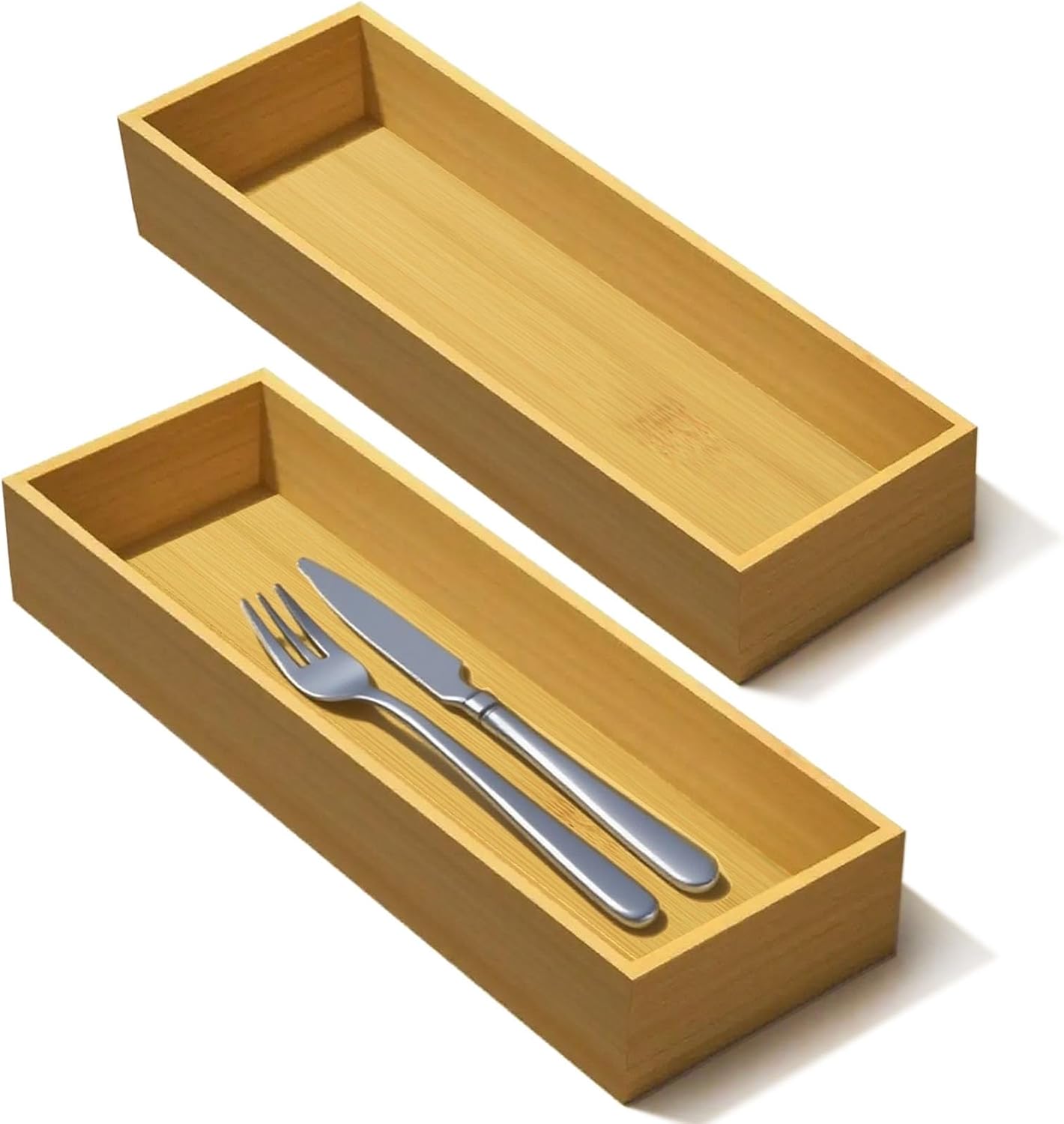 Bamboo Drawer Silverware Organizer, Utensil Organizer, Bamboo Storage Box Wood Silverware Tray for Drawer Set of 2