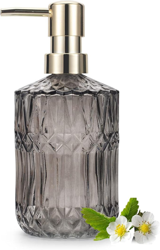Glass Soap Dispenser 12oz/390ml for Bathroom Kitchen - Hand Soap/Lotion Dispenser With ABS Plastic Pump, Clear Grey