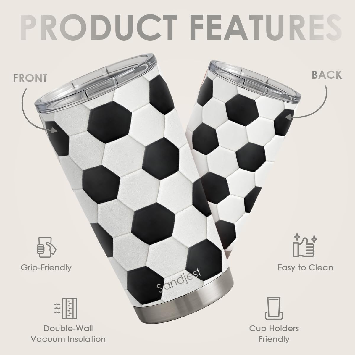 SANDJEST Soccer Tumbler 20oz Stainless Steel Insulated, Travel Coffee Cup, Sport Tumblers Gifts for Soccer Lovers, Men Women, Coach, Birthday, Christmas